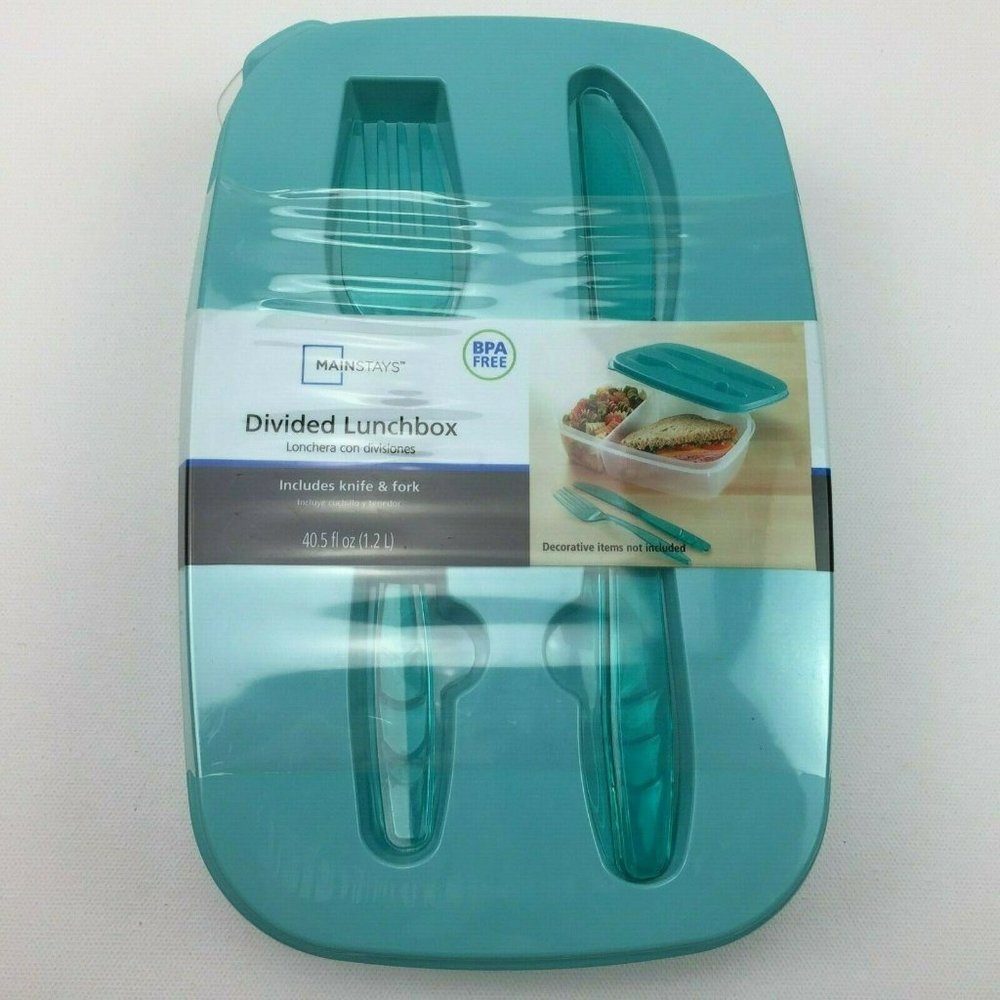 Divided Lunch Box Food Container Fork & Knife BPA Free Teal Lid Turquoise